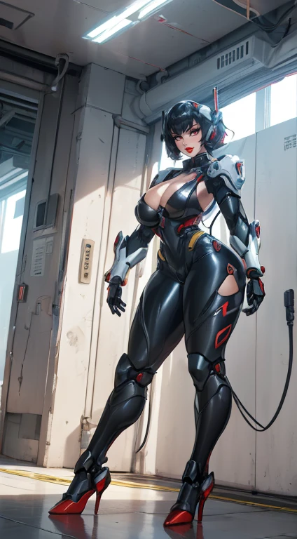 (1 Girl,Solitary:2), (Super detailed face), (( (Sagging breasts、Cleavage, cleveage、Thick thighs)), Perfect body, )), (Cleavage Top:1.5), (11-wire ABS female:1.4), (Mechanical arm guards:1.4), ((Wearing red mecha overwatch shiny armor suit short top, Black Mecha Skinny Suit Pants, Mechanical arm guardsOR LEGS, High heel:1.5)), (Full figure:1.3), (glowing skin:0.8), (Long legs, whole body:1.1), (Looking at the audience:1.3), (Female focus:0.886), (Walking the corridors of the future space station:1), (bright white room:1.3), Super texture, Unreal Engine Rendering, Physically Based Rendering, ultra HD, 16K, 1080P.