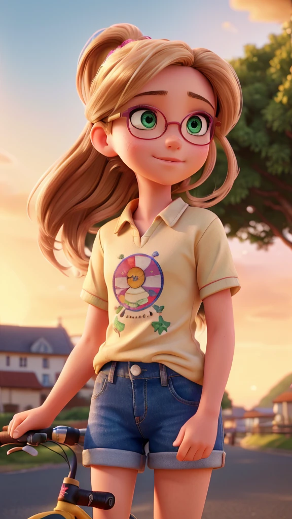 a young girl standing on the back of a bicycle, blonde hair, green eyes, pink glasses, denim shorts, colorful t-shirt, 9 year old girl with brown hair in ponytail, driving the bicycle, coastal city, dirt streets, (best quality,4k,8k,highres,masterpiece:1.2),ultra-detailed,(realistic,photorealistic,photo-realistic:1.37),extremely detailed eyes and face,longeyelashes,beautifully detailed, vibrant colors, warm lighting, golden hour, picturesque landscape, cinematic composition