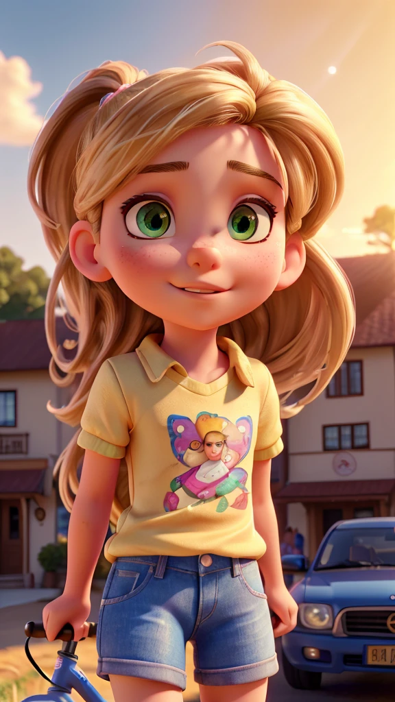 a young girl standing on the back of a bicycle, blonde hair, green eyes, pink glasses, denim shorts, colorful t-shirt, 9 year old girl with brown hair in ponytail, driving the bicycle, coastal city, dirt streets, (best quality,4k,8k,highres,masterpiece:1.2),ultra-detailed,(realistic,photorealistic,photo-realistic:1.37),extremely detailed eyes and face,longeyelashes,beautifully detailed, vibrant colors, warm lighting, golden hour, picturesque landscape, cinematic composition