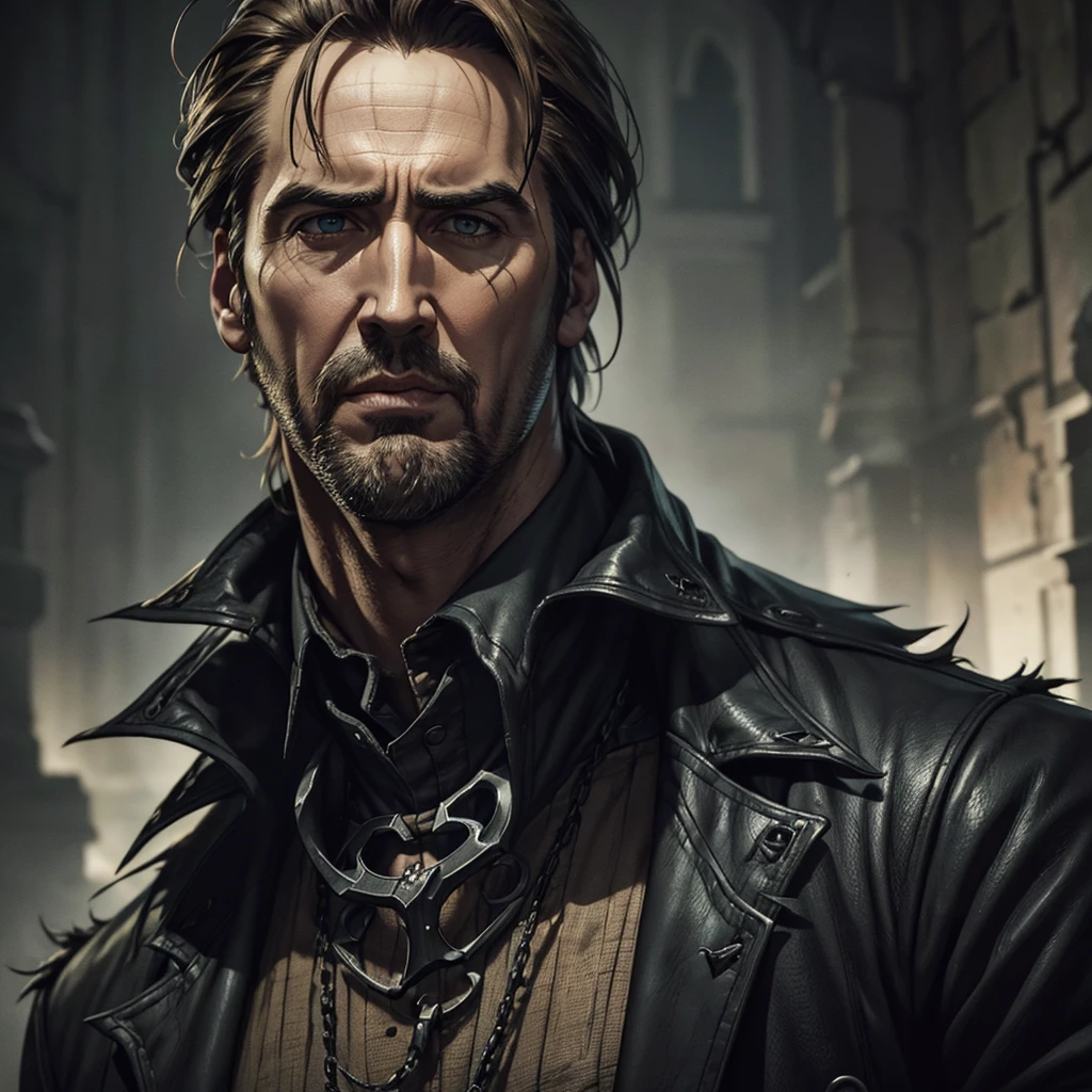 A highly detailed and realistic poster featuring Nicholas Cage as "The Scarecrow" aka Jonathan Crane, a supervillain from the Batman universe, 1 man, close-up portrait, sinister expression, piercing eyes, sharp nose, twisted smile, tattered clothing, ominous background, dark and moody lighting, gothic horror style, cinematic composition, digital art, muted color palette, dramatic shadows and highlights, photorealistic rendering, hyper-detailed, masterpiece, 8k, best quality