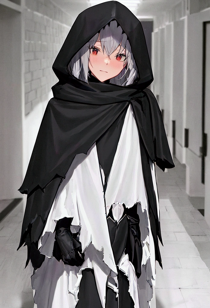 a black cape with a hood without details and does not reveal what is underneath anime style in the hallway of a very very dark school ( only the layer that does not show what I left there )