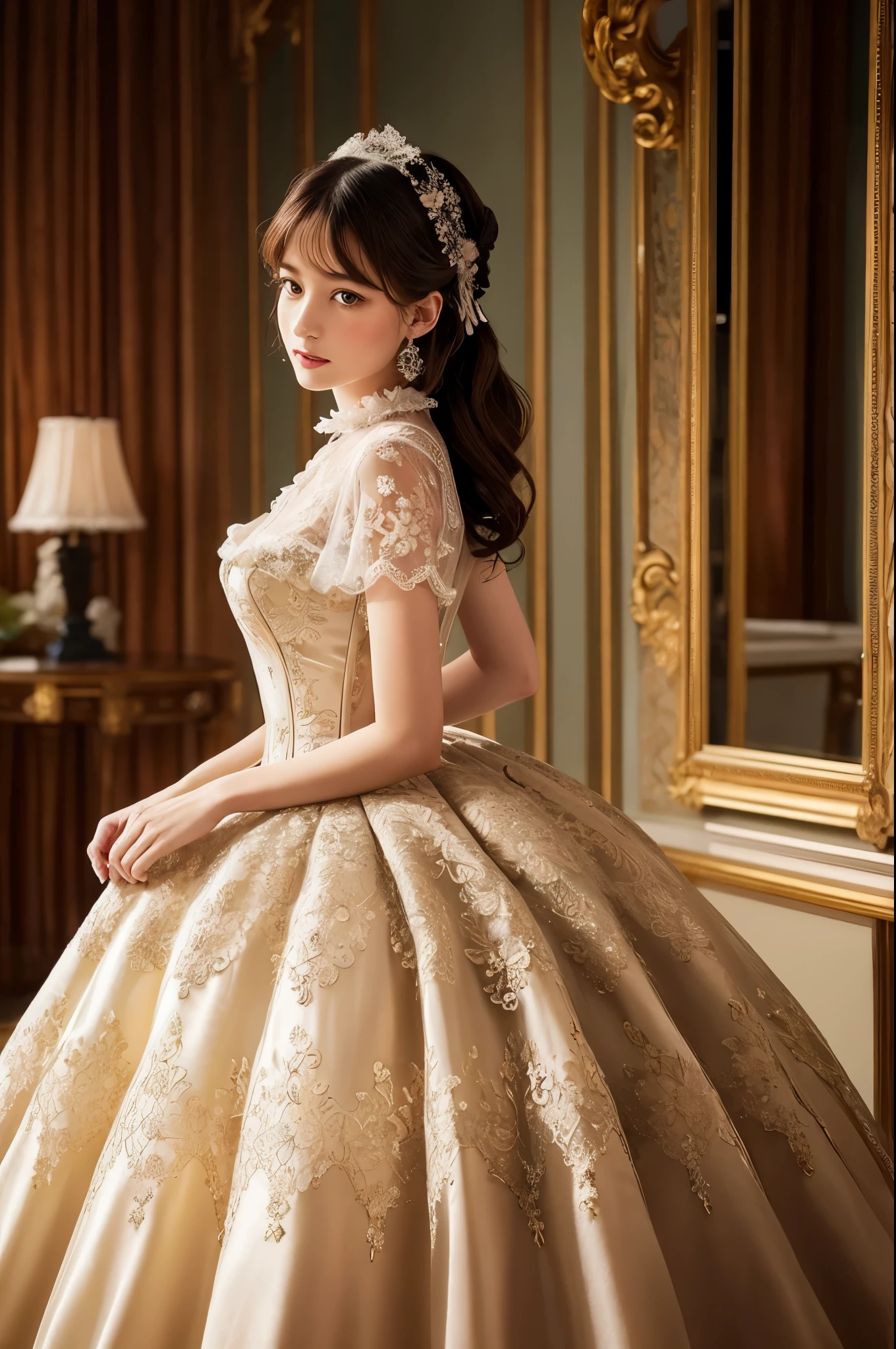 Adult coloring books、A gorgeous Victorian-era ball gown decorated with delicate lace and lush frills.、A glamorous ball in the background