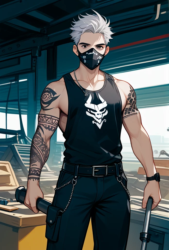 masterpiece, best quality, male, (masked face, full mask, covered face), black visor, white bandana, gray hair, short hair, spiky hair, mature body, muscular body, mechanic pants, tool belt, workshop, tattoos, covered in tattoos, dragon tattoo, holding hammer