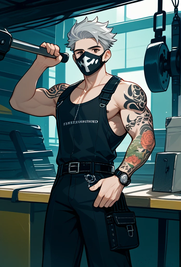 masterpiece, best quality, male, (masked face, full mask, covered face), black visor, white bandana, gray hair, short hair, spiky hair, mature body, muscular body, mechanic pants, tool belt, workshop, tattoos, covered in tattoos, dragon tattoo, holding hammer