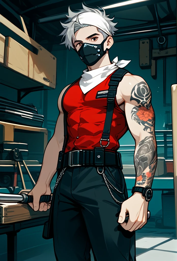 masterpiece, best quality, male, (masked face, full mask, covered face), black visor, white bandana, gray hair, short hair, spiky hair,  body, muscular body, mechanic pants, tool belt, workshop, tattoos, covered in tattoos, dragon tattoo, holding hammer