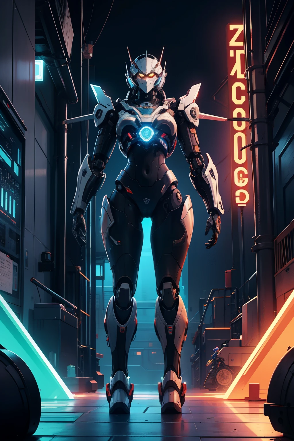 ((masterpiece, best quality)),illustration,ultra detailed 8k,photorealistic,sharp focus,highly detailed,professional lighting,colorful details,iridescent colors BREAK extreme long shot of a factory,large mechanical robot construction like very futuristic shapes,microchip,computer,glowing,intricate details,shitu-mecha is standing in front of the audience,Navel