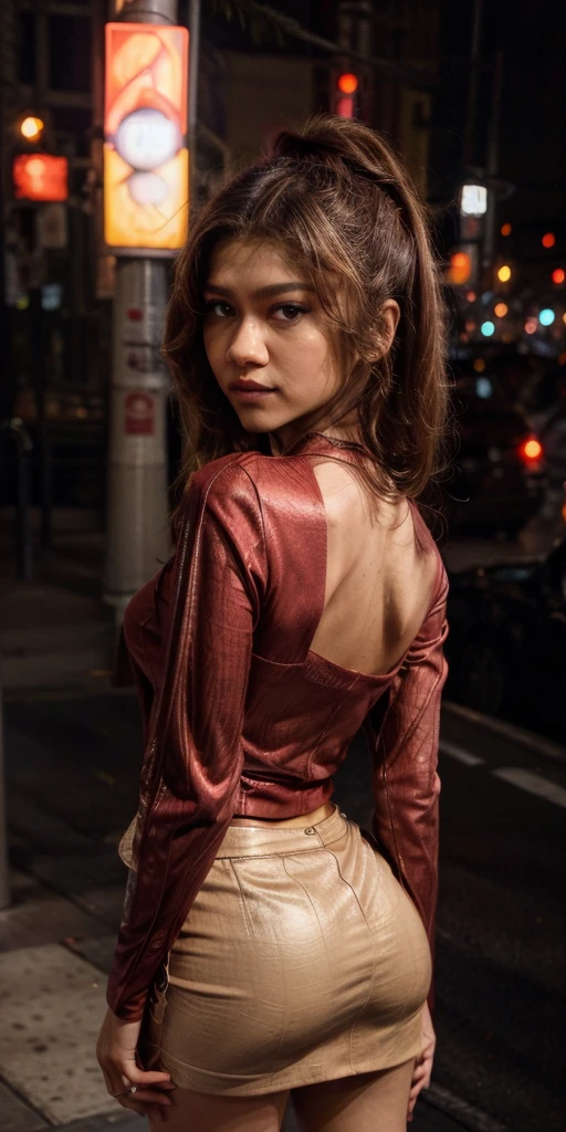 Zendaya, sexy, neckline, upskirt, red marsala blouse, beige skirt, red marsala t-shirt, tight clothes, goosebumps photo, Instagram photo, in New York City, at night, elegant, above view, close up portrait, expressive eyes, focus on eyes 