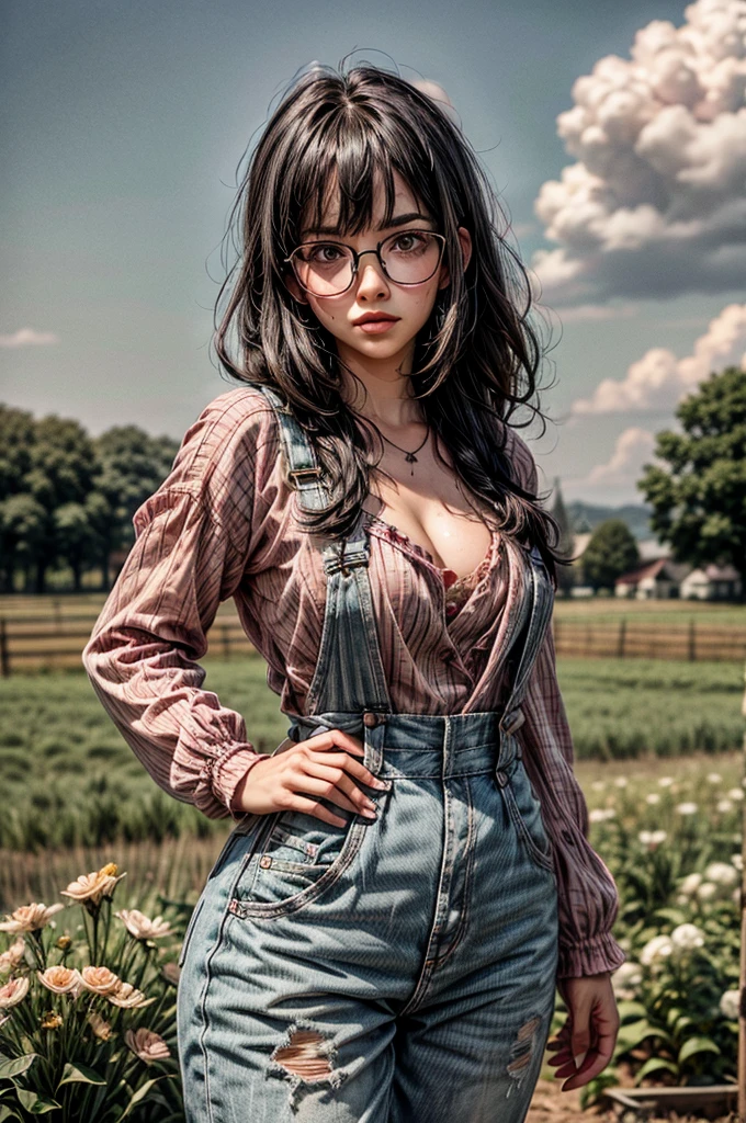 1 girl, black hair, (pink hair highlights:0.8), farm girl, freckles, sexy farmer overalls, cleavage, round eyewear, glasses, streets, green eyes, solo, farm field, standing, arms behind back