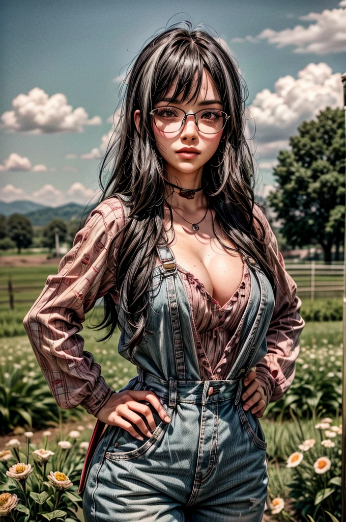 1 girl, black hair, (pink hair highlights:0.8), farm girl, freckles, sexy farmer overalls, cleavage, round eyewear, glasses, streets, green eyes, solo, farm field, standing, arms behind back