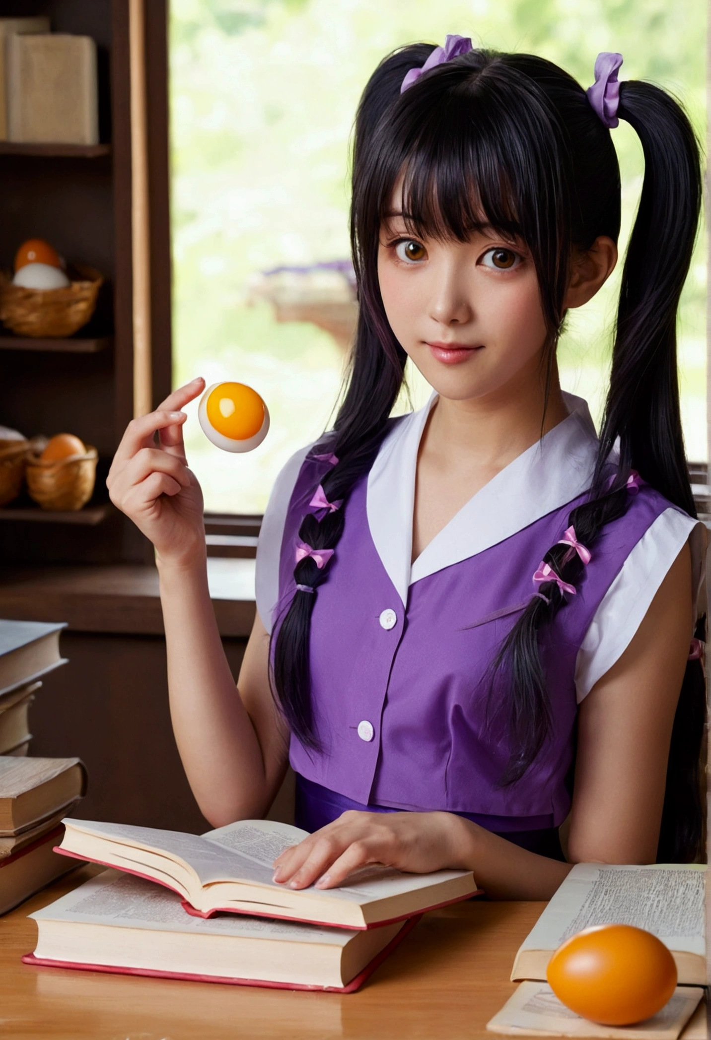 masterpiece, One Girl, Mid-chest, alone, araragi karen, hair ornaments, egg hair ornaments, Side Ponytail, Black Hair, food-themed hair ornaments, fried egg, View your audience, egg (food), Long Hair, (iris:1.1), Purple Skirt, Sleeveless, Pink Shirt, homework, Book, Holding a pencil, Grin
