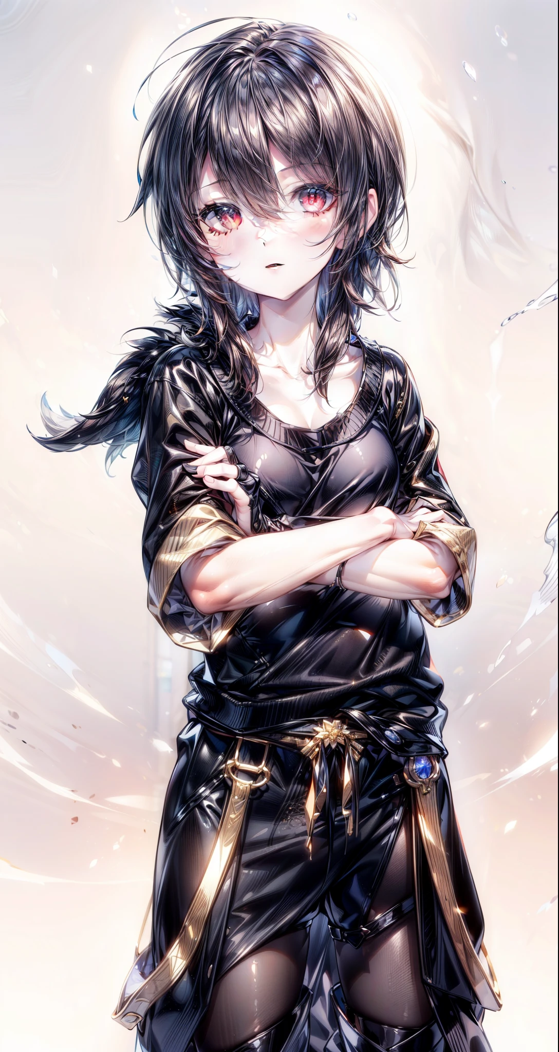 (masterpiece:1.3), (8k, photorealistic, raw photo, Best Quality: 1.4), (1 girl), beautiful face, (realistic face), (black fur, short hair:1.3), beautiful hairstyle, realistic red eyes, beautiful detailed eyes, (Realistic skin), beautiful skin, (sweater), absurdities, attractive, ultra high resolution, ultra realistic, Very detailed, golden ratio