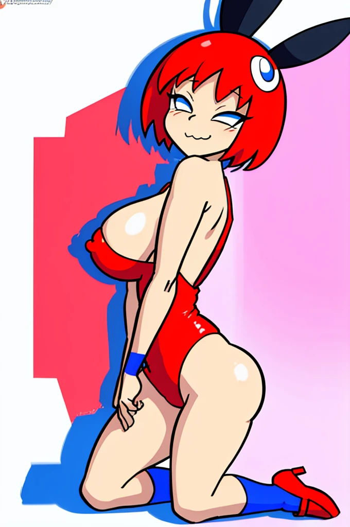 [less8 Pacman ghost], ((masterpiece)), ((High Definition)), ((high quality)), ((detailed shading)), ((beautiful rendering art)), ((solo portrait)), ((Whole body)), ((Front view)), ((intricate details)) , kneeling, in a strip club,playboy bunny, Red suit ,socks negras, socks . , blue eyes, Red hair, , short hair, big breasts, shoes, red shoes, defined neckline,(Blue socks), human,hair ornament, white rabbit tail, Alone, looking at the viewer, very sensual, blushing, mischievous smile, shy pose