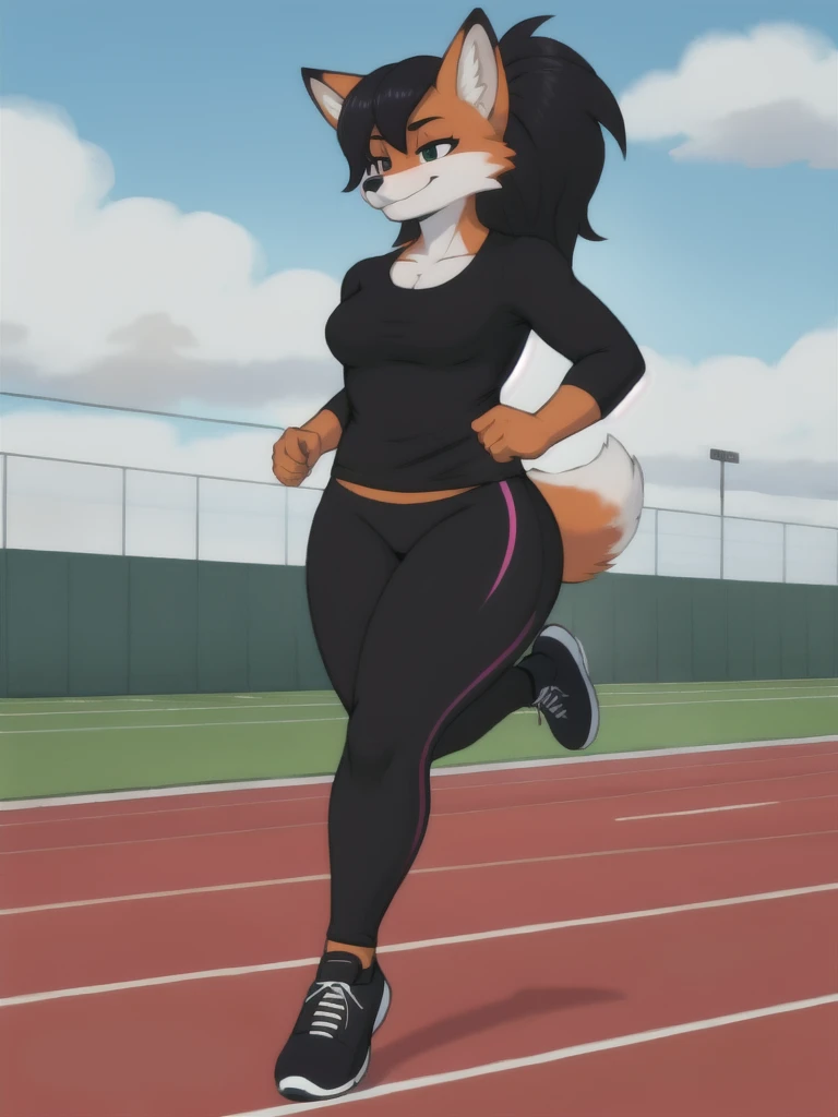 Furry, fox, female, black shirt, black leggings, shoes, running track, solo, full body
