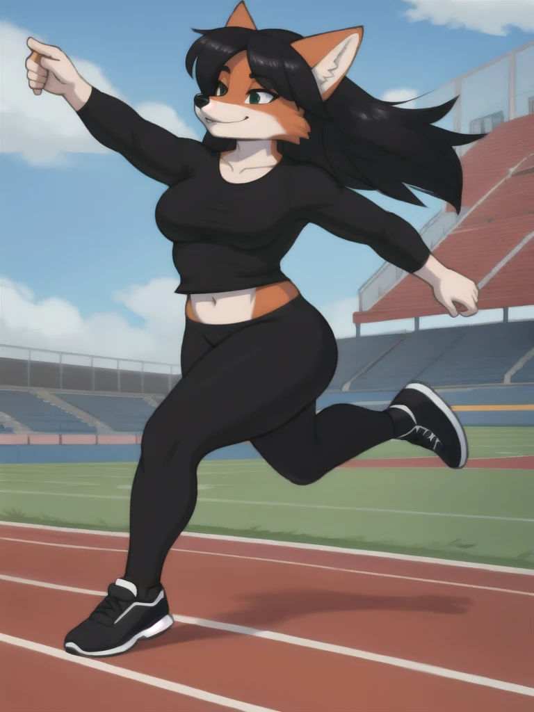 Furry, fox, female, black shirt, black leggings, shoes, running track, solo, full body
