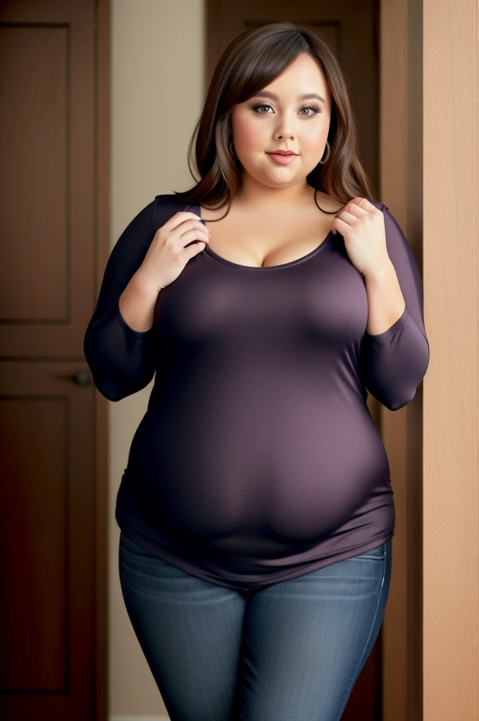 a one woman, a little overweight, She is in a sexy pose standing, wearing a casual outfit