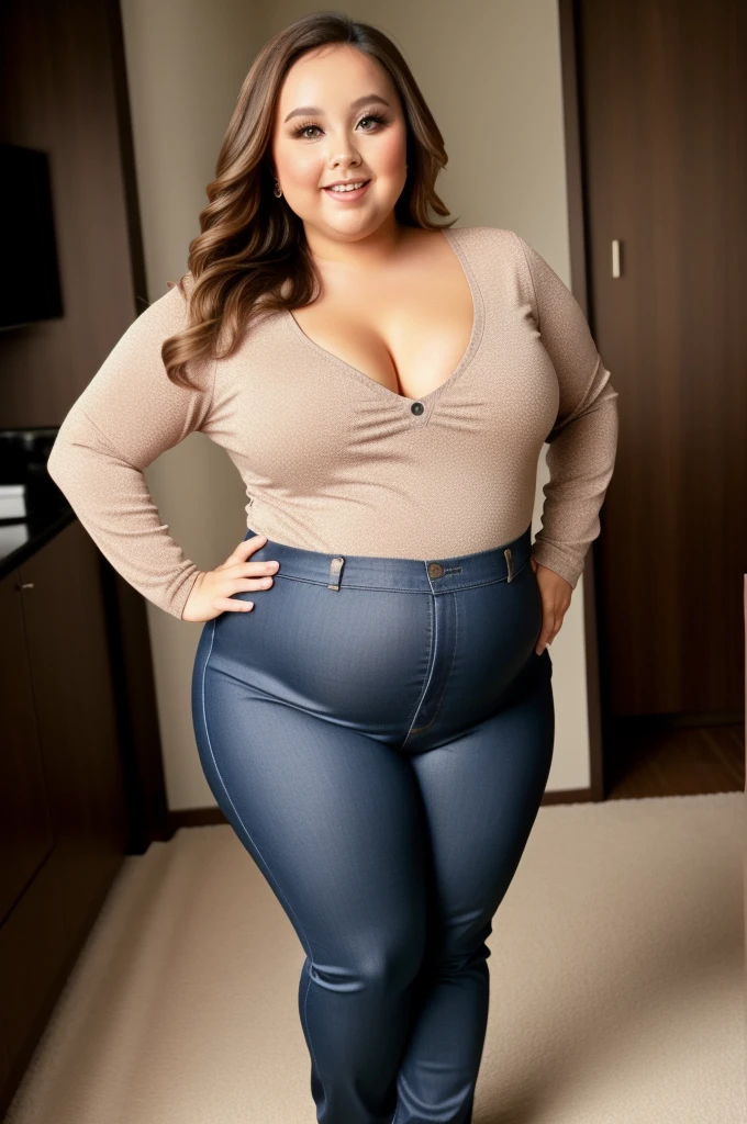 a one woman, a little overweight, She is in a sexy pose standing, wearing a casual outfit