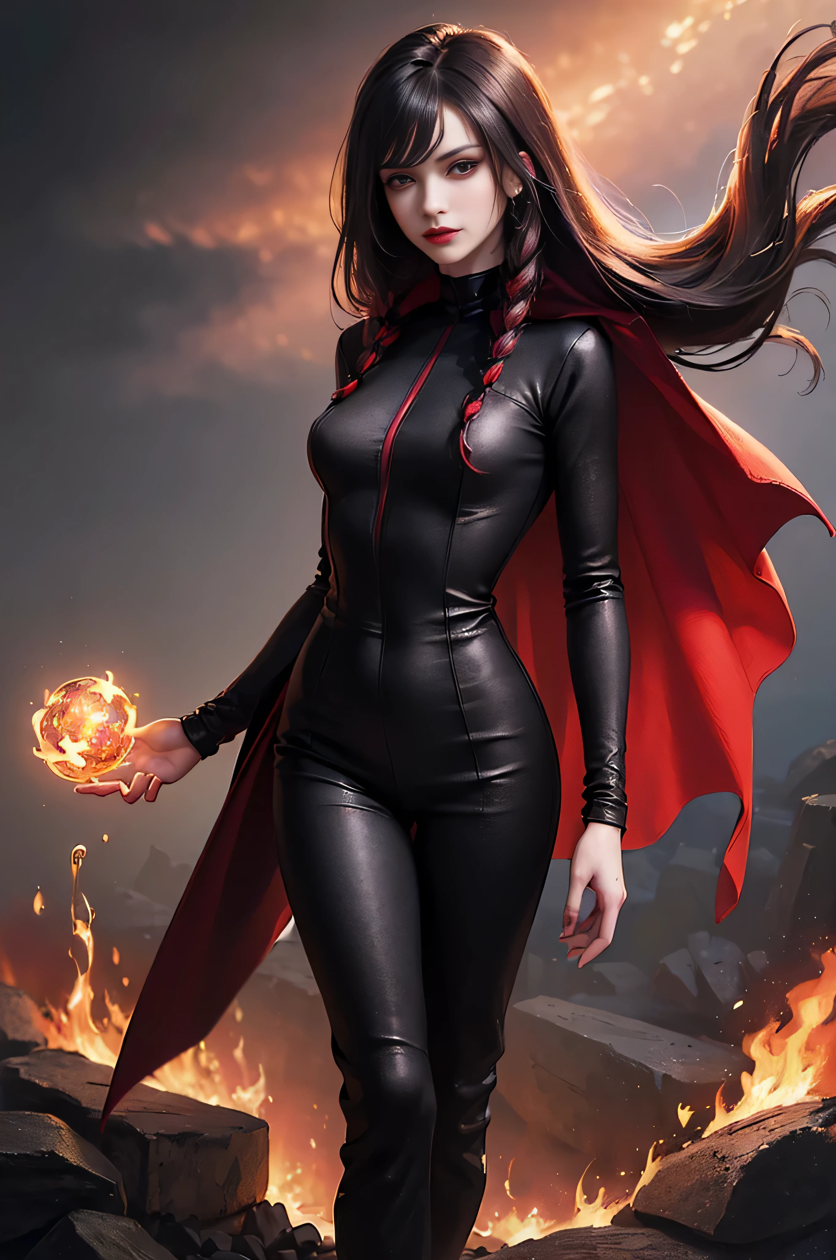 (skindentation:1.5), Realistic, Photorealistic, (masterpiece:1.5), concept art, intricate details, highly detailed, photorealistic, octane render, 8k, unreal engine, dynamic pose, best quality, highres, (realistic face:1.1), (hyperrealistic:1.1), (((full_body))), perfect eyes,(shiny skin:1.2), (((hairstyle))), (((perfect handtremely detailed background), ((dynamic background)), ((1girl)), (((wearing black jumpsuit, dark red long wizard cape))), ((detailed eyes, high quality eyes, high quality face)), (extremely intricate cape), red long hair, dramatic, depth of field, bokeh, 4k, (((underworld))), ((floating in the air)), (((black magic witch))), (((fierce eyes)))