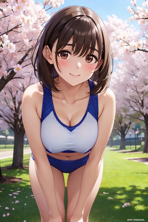 anegasaki nene、Shiny brown hair, short hair, (Beautiful brown eyes、Sparkling eyes, Fine grain)、smile、Ultra-detailed eyes、Very detailed顔, Very detailed目,Cowboy Shot、
(((masterpiece, Highest quality, High resolution,8k))),(((beautiful girl))),masterpiece,Highest quality,High resolution,Very detailed,People Girls,short hair,Sports Bra,buruma:1.5,Outdoor,cherry blossoms,smile,Sweat,Leaning forward,hand_upon_Own_knees,
