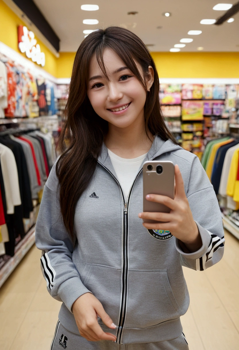 (Highest quality,masterpiece:1.3,Ultra-high resolution),(Very detailed,Caustics,8k),(Realistic:1.4,RAW shooting),1 girl,(Smiling and looking down at the camera)Wearing a tracksuit, Summer selfie, Semi-long hair, College student, Very cute, Japanese, Japanese person, Full body shot, Inside the store, Wide-angle lens, Taking a picture of yourself