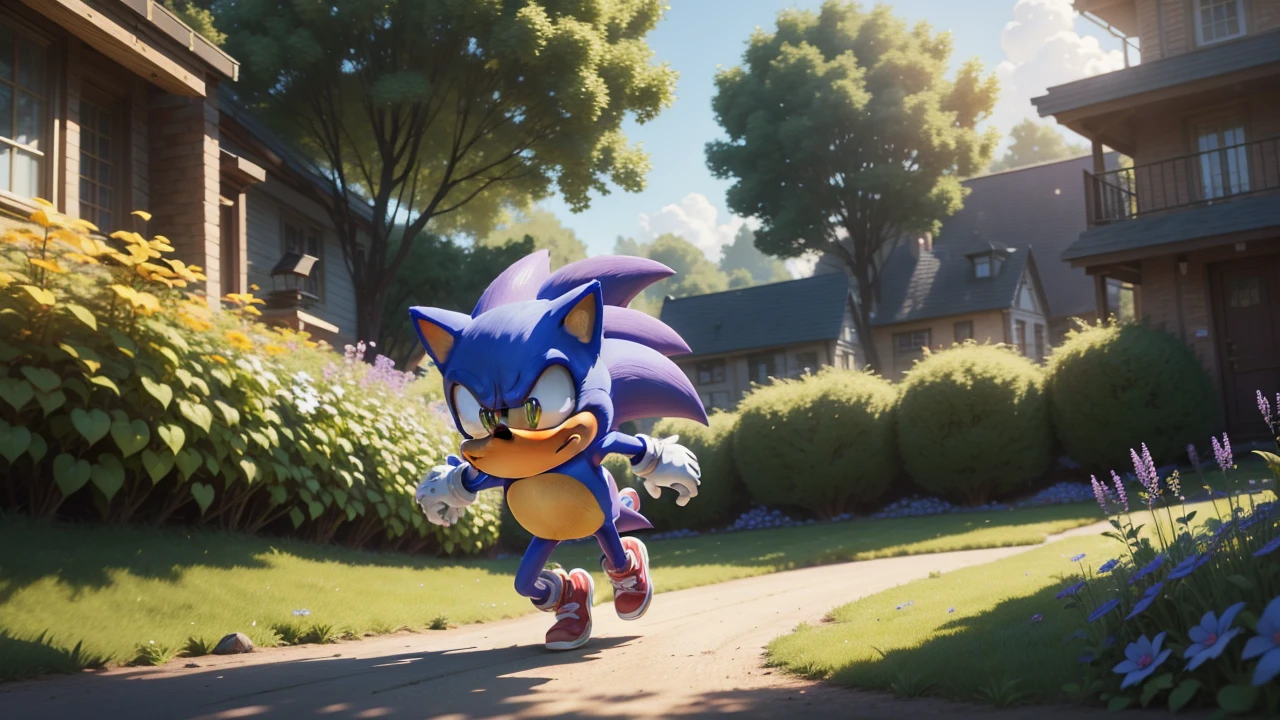 a sonic the hedgehog running through the spring yard zone,8k,detailed vibrant purple buildings,detailed futuristic robotnik robots in the background,highly detailed,extremely detailed,cinematic lighting,photorealistic,volumetric lighting,dynamic motion blur,intricate detailed environment,ultra detailed,masterpiece