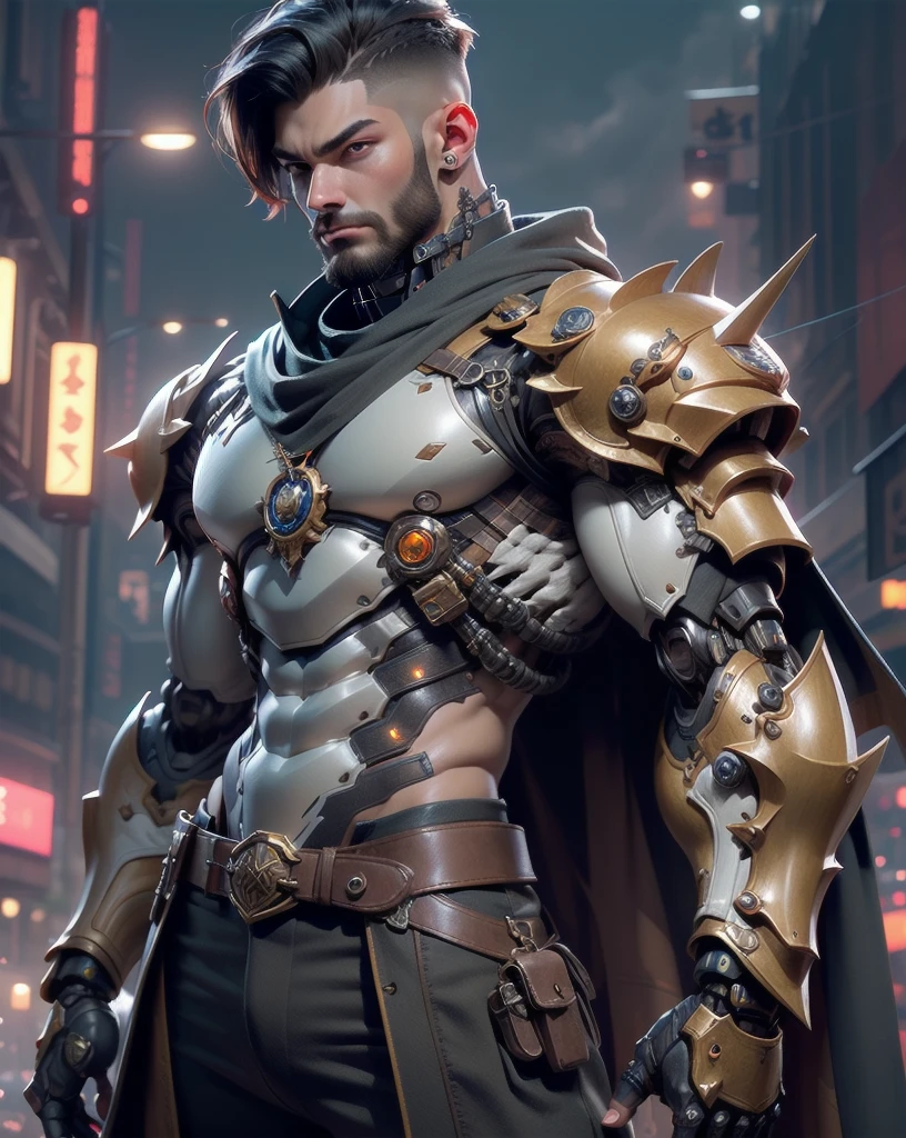 a man with a sleek yet tactical armored leather military trench coat, flat masculine chest, mechanical mecha knight head with a narrow visor, sleek and revealing armor plated under suit with waist cut outs, beautifully engraved upper arm and shoulder armor, androgynous charm with slim yet heavily muscled physique, sylphlike with a sleek waist, toned yet beautifully sleek cybernetic arms and mechanical arms and legs, mecha muscles, brass metal armor and brown leather, dieselpunk, best quality, 4k, 8k, highres, masterpiece, ultra-detailed, realistic, photorealistic, photo-realistic, HDR, UHD, studio lighting, ultra-fine painting, sharp focus, physically-based rendering, extreme detail description, professional, vivid colors, bokeh, portraits, concept art