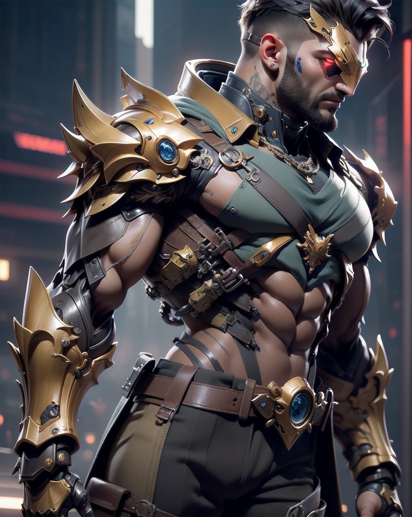 a man with a sleek yet tactical armored leather military trench coat, flat masculine chest, mechanical mecha knight head with a narrow visor, sleek and revealing armor plated under suit with waist cut outs, beautifully engraved upper arm and shoulder armor, androgynous charm with slim yet heavily muscled physique, sylphlike with a sleek waist, toned yet beautifully sleek cybernetic arms and mechanical arms and legs, mecha muscles, brass metal armor and brown leather, dieselpunk, best quality, 4k, 8k, highres, masterpiece, ultra-detailed, realistic, photorealistic, photo-realistic, HDR, UHD, studio lighting, ultra-fine painting, sharp focus, physically-based rendering, extreme detail description, professional, vivid colors, bokeh, portraits, concept art