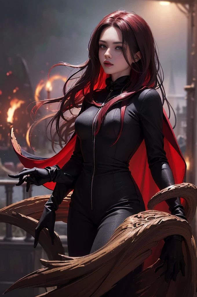 (skindentation:1.5), Realistic, Photorealistic, (masterpiece:1.5), concept art, intricate details, highly detailed, photorealistic, octane render, 8k, unreal engine, dynamic pose, best quality, highres, (realistic face:1.1), (hyperrealistic:1.1), (((full_body))), perfect eyes,(shiny skin:1.2), (((hairstyle))), (((perfect handtremely detailed background), ((dynamic background)), ((1girl)), (((wearing black jumpsuit, dark red long wizard cape))), ((detailed eyes, high quality eyes, high quality face)), (extremely intricate cape), red long hair, dramatic, depth of field, bokeh, 4k, (((underworld))), ((floating in the air)), (((black magic witch))), (((fierce eyes)))