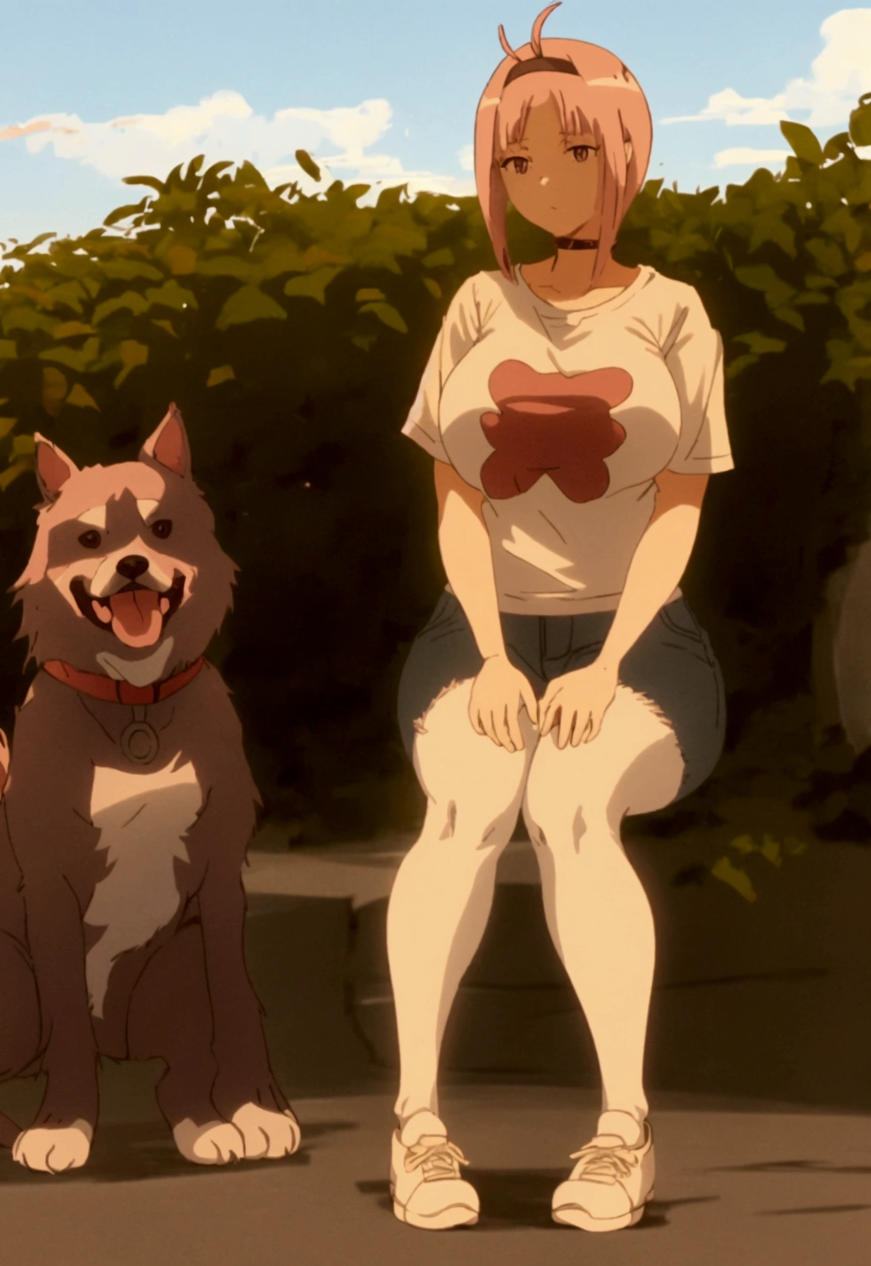 1 a woman, Wide hips, thick legs, with long stockings, a jeanz shor, White shoes, tight white t-shirt with neckline, aeboles park, dog animal next door anime zero two pink hair eating ice cream in the park