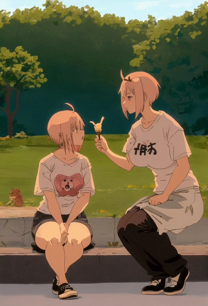 1 a woman, Wide hips, thick legs, with long stockings, a jeanz shor, White shoes, tight white t-shirt with neckline, aeboles park, dog animal next door anime zero two pink hair eating ice cream in the park