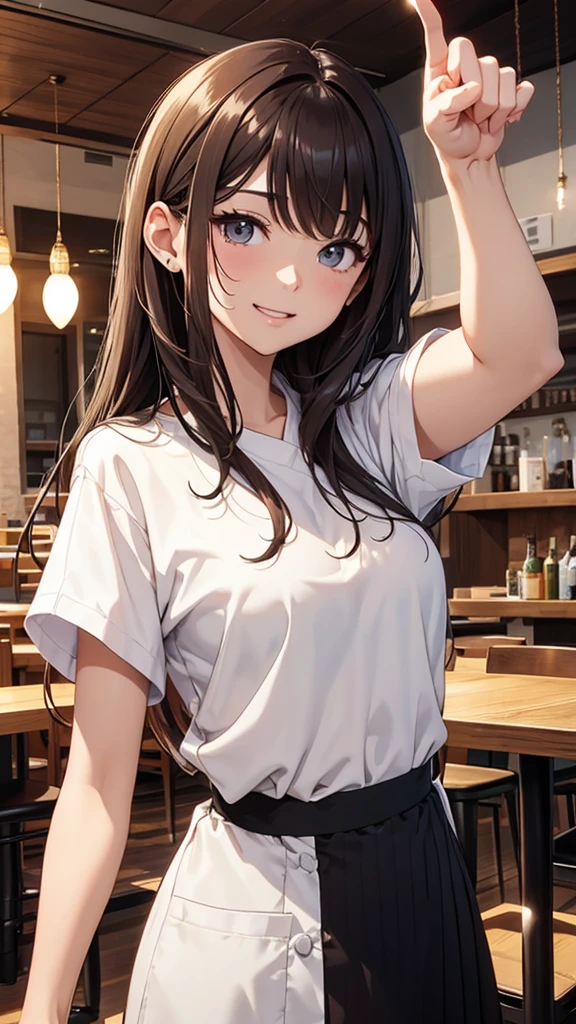 Gal、Wearing a shirt、restaurant、From the chest up、laughing、Her hair is brown.、、Pointing his finger here、Around 25 years old、Anime style illustrations
