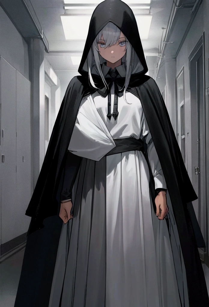 a black cape with a hood without details and does not reveal what is underneath anime style in the hallway of a very very dark school ( only the layer that does not show what I left there )