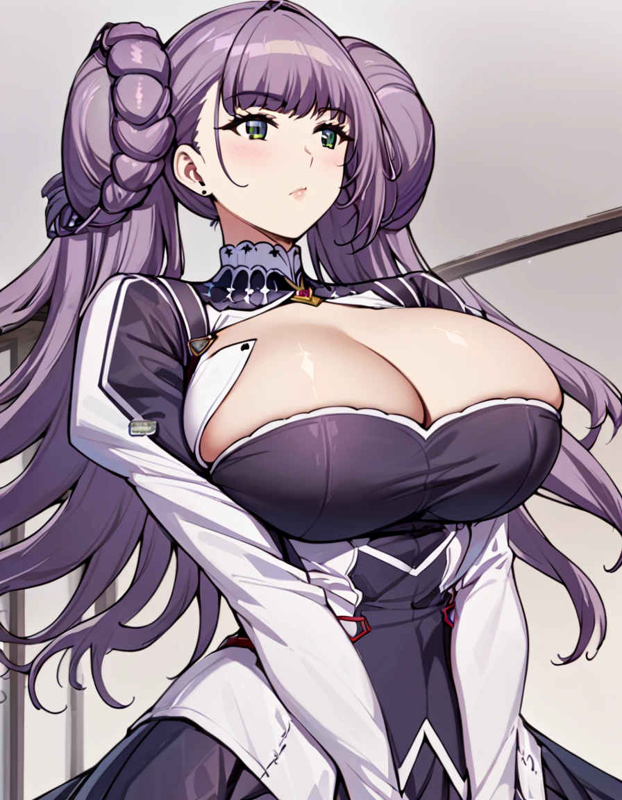 Anime, 1 girl, solo, kimtag, formidable's hairstyle, purple colored hair, green eyes, curious expression, busty, firm plump body, genetics's uniform , Juliet sleeves, deep cleavage,, large skirt, posing with her hands crossed