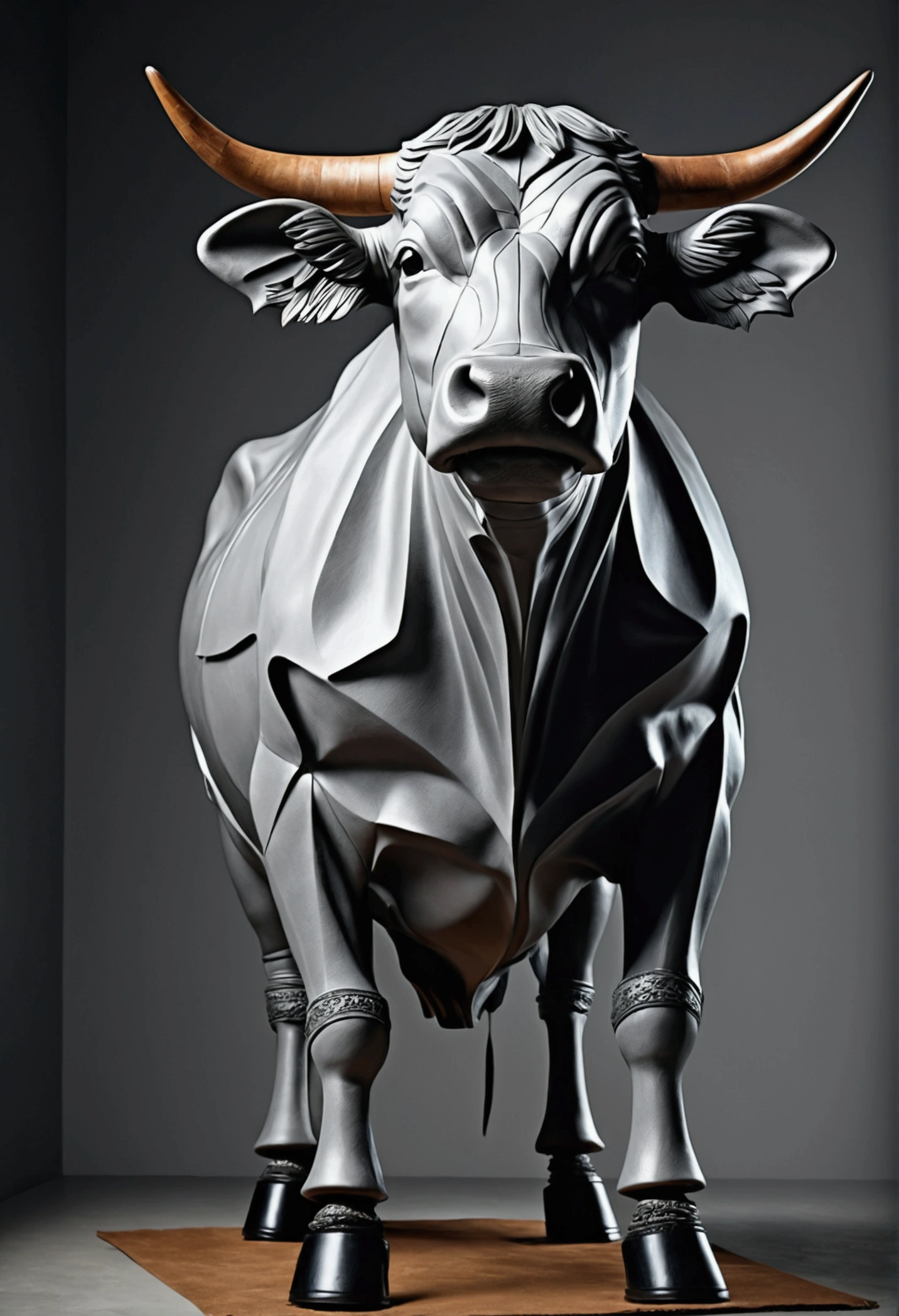 create me an image of a sculpture of a cow made from leather shoes in gray background with no human model and in 4k quality picture