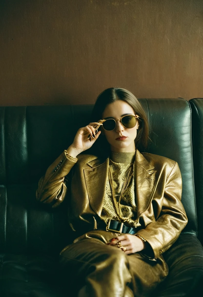 90s woman, gangsta rapper. Boss gangster in sunglasses and gold chain. Hip hop style apparel, lounging on a leather couch. Holding a gun. gun, aiming a gun, holding a weapon, handgun, sleek long hair, oversized clothes, photo depth of field, shadows, grainy, seductive analog lofi (by Oleg Oprisco Laura Makabresku), wall, dimly lit, potted plant