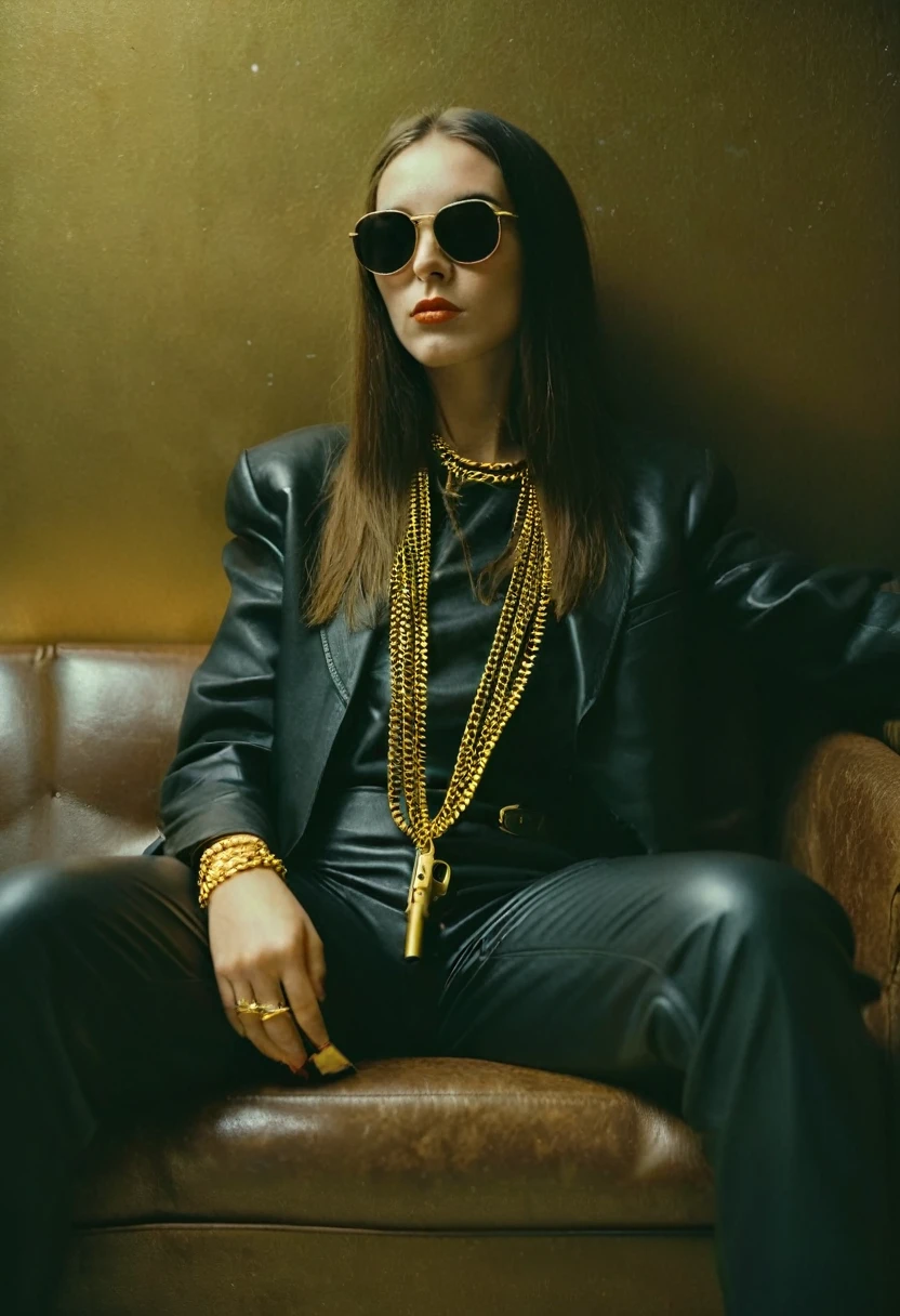 90s woman, gangsta rapper. Boss gangster in sunglasses and gold chain. Hip hop style apparel, lounging on a leather couch. Holding a gun. gun, aiming a gun, holding a weapon, handgun, sleek long hair, oversized clothes, photo depth of field, shadows, grainy, seductive analog lofi (by Oleg Oprisco Laura Makabresku), wall, dimly lit, potted plant
