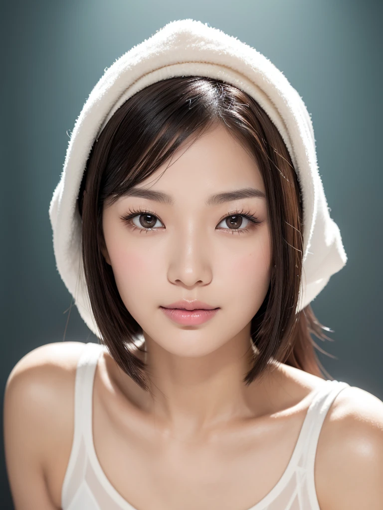 whiteroom, 1 person, Japanese woman, look at the camera, H~I cup, model's expression, Create an AI-generated image of a beautiful woman with the following facial features: straight medium-length black hair, parted bangs, large almond-shaped brown eyes with double eyelids, slightly upturned outer eye corners, small straight nose with a high bridge, small and well-shaped mouth with thin lips, smooth fair skin, oval-shaped face with high cheekbones, and a gentle, approachable smile. The woman should have a natural makeup look, with well-defined but natural eyebrows, lightly applied pink lipstick, a hint of natural blush, and long curled eyelashes. The face should have balanced proportions, be symmetrical, and give a youthful and clean appearance. , Tank top, Shiny skin, Sweaty body, Dramatic lighting, Huge breath, (8K, 4K, Best Quality, High Definition, Ultra High Definition: 1.1), (Masterpiece, Realistic, Photorealistic: 1.1), #tarasuzuka24