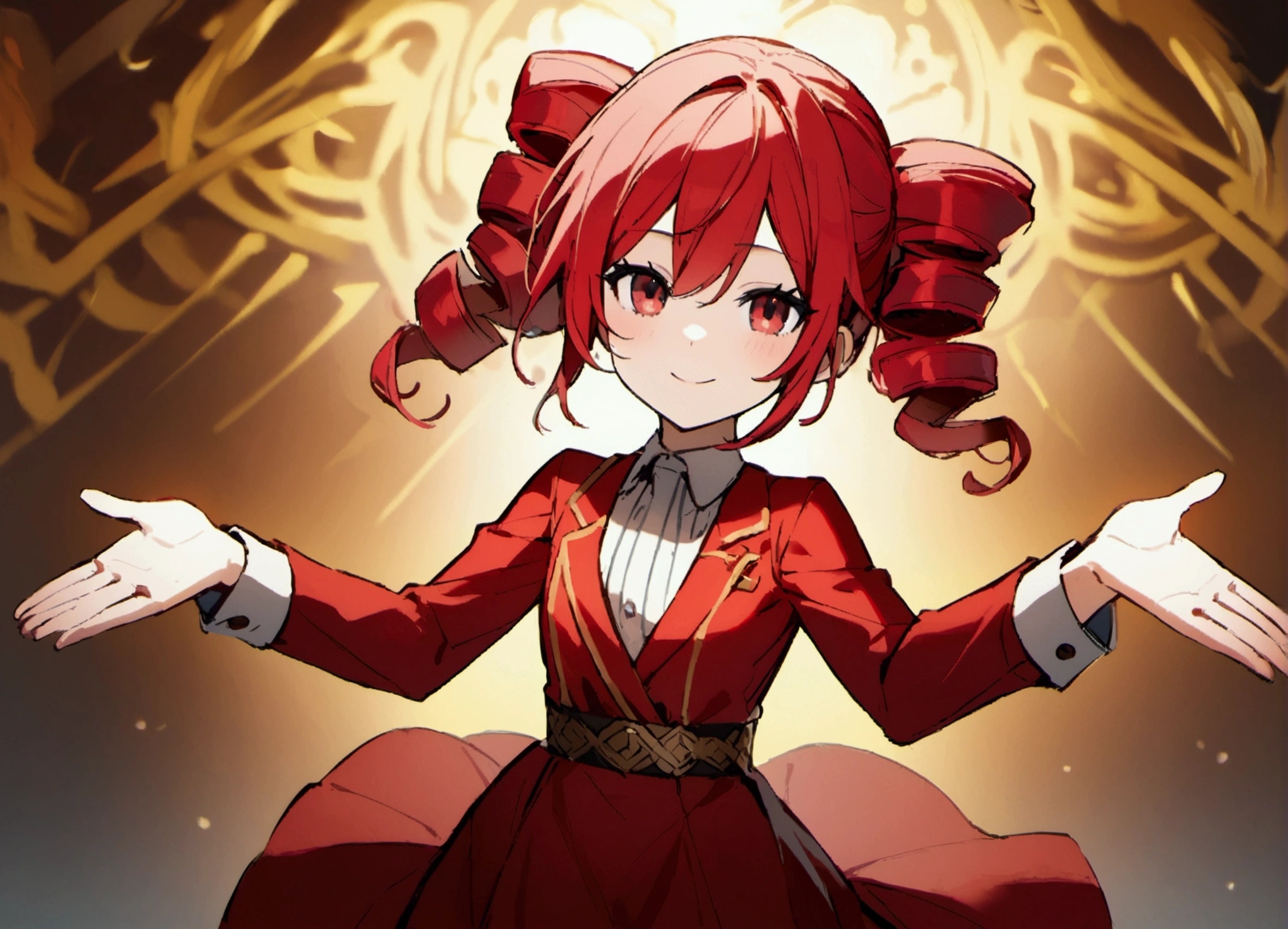 Red hair, raise hands, smile