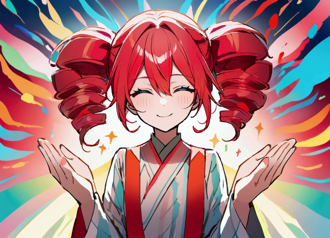 Red hair, raise hands, smile