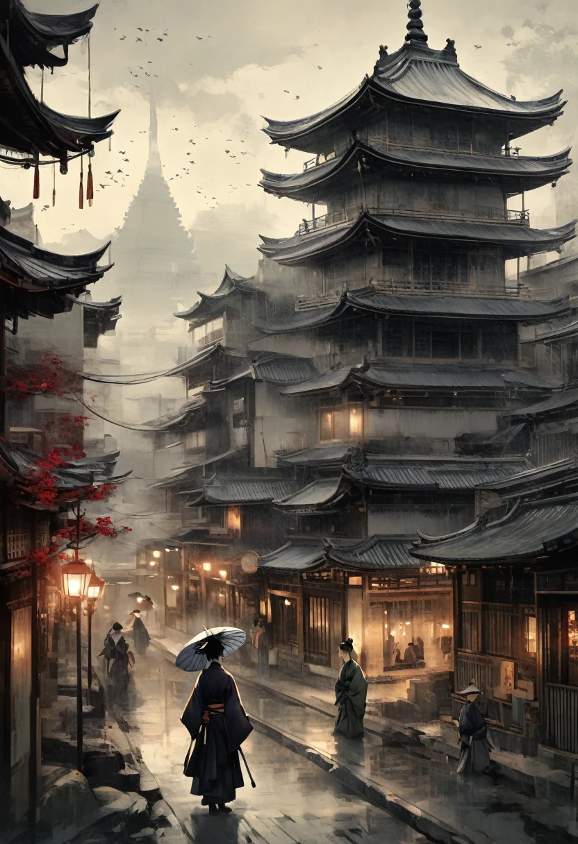 A gorgeously decorated courtesan,Beautiful detailed glass hair,(Ornately decorated5A big hairpin made of books),(Luxurious Japanese clothes,A kimono with a wide open back collar that allows the back to be seen from the nape of the neck:1.2),Wearing high clogs,Large umbrella,Night scenery with lanterns lined up,(Courtesan Procession),Ink and ink painting,Black and white painting,splash,