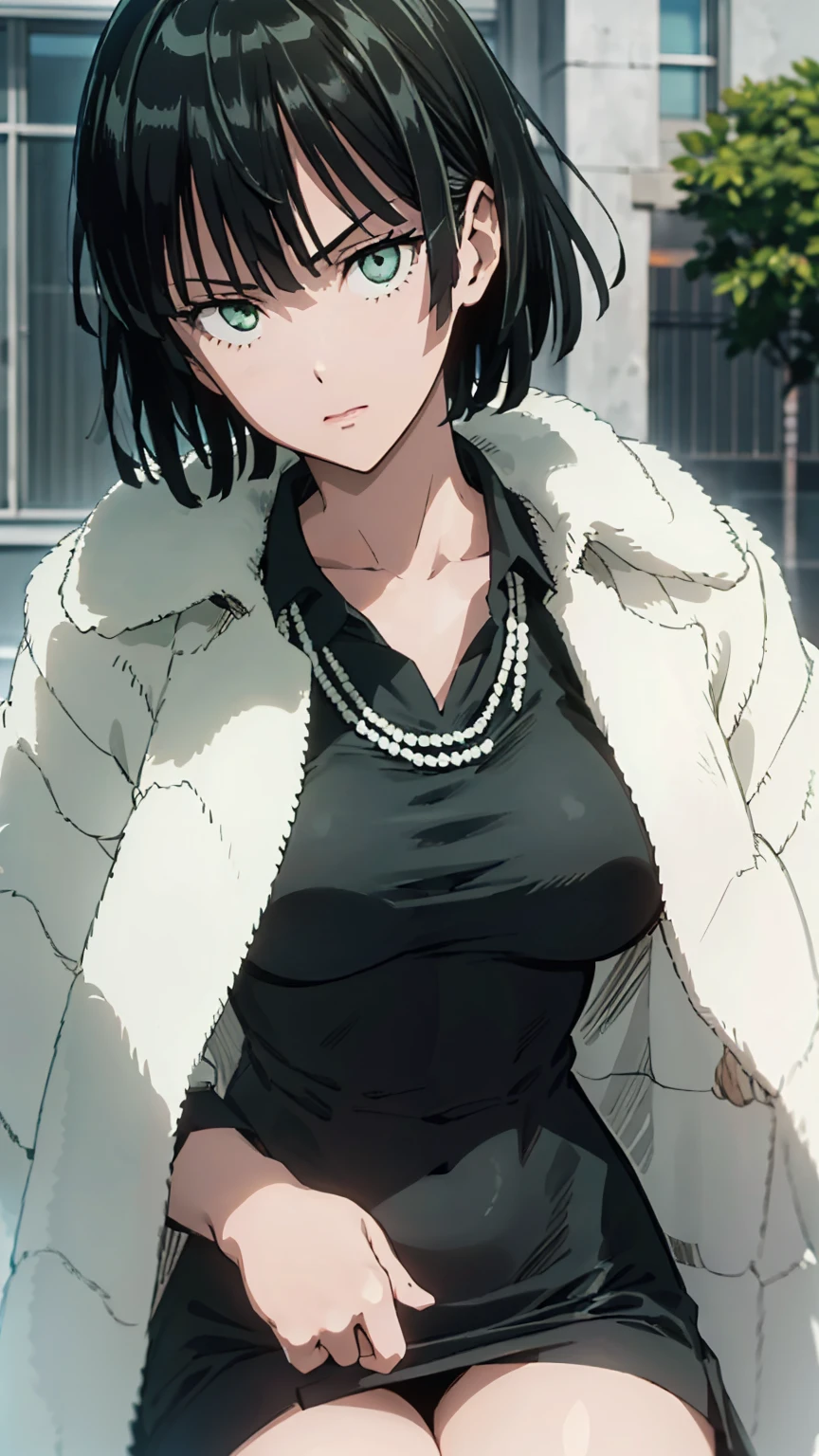 (((pixel-perfect, detail-perfect))), solo, 1girl, fubuki, fur coat, collared dress, collarbone, necklace, looking at viewer, closed mouth、破れた服、NSFW