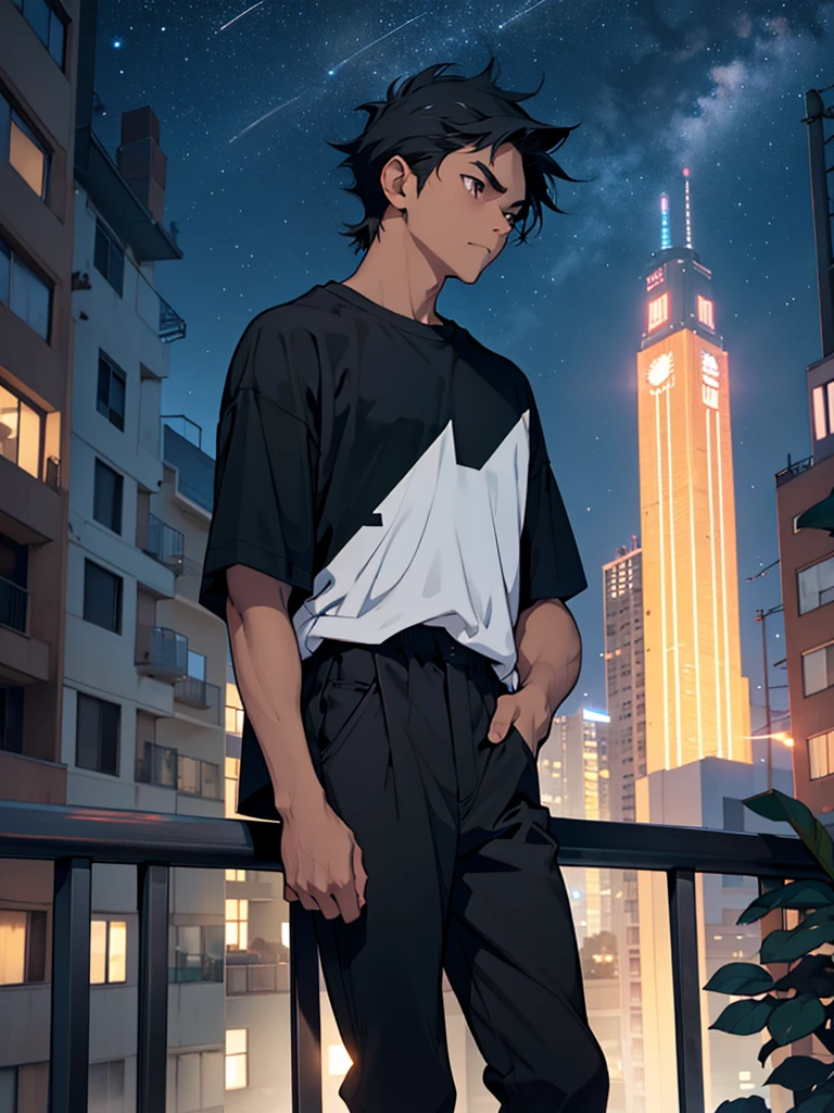  a teen boy standing on balcony, black hair,brown eyes, wearing black T-shirt & black pant, thinking something and confused, calm, dark grey night, stars at the night sky, frontview. Anime. 