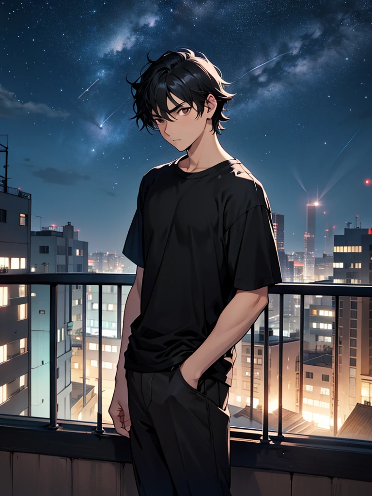  a  boy standing on balcony, black hair,brown eyes, wearing black T-shirt & black pant, thinking something and confused, calm, dark grey night, stars at the night sky, frontview. Anime. 