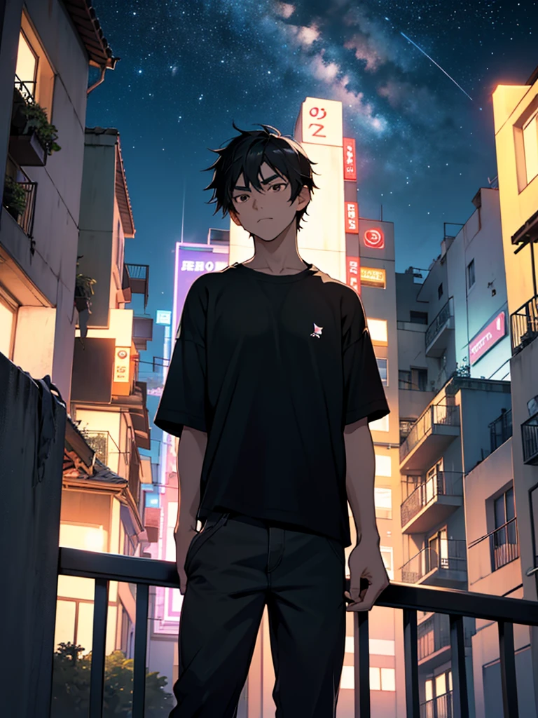  a  boy standing on balcony, black hair,brown eyes, wearing black T-shirt & black pant, thinking something and confused, calm, dark grey night, stars at the night sky, frontview. Anime. 