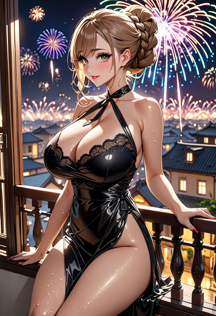 (((Highest quality, Ultra-high resolution、The most complex and detailed depiction)))、((masterpiece:1.3)), (8k, RAW Photos, Best image quality: 1.4), Very detailedな顔、Attention to detail、(Beautiful woman:1.4),(Realistic:1.4) (8k, RAW Photos,), (photo-Realistic:1.2), Very detailed, Beautiful attention to detail, (girl:1.3)Dark eyeliner、Eyelash length、False eyelashes、double eyelid、Brown eyes、Light fluorescent lip gloss, ((hostess:1.2)),(Huge breasts:1.6),、(Cleavage:1.2)、(((Light brown hair、braid one's hair、((Tie the braided hair behind your head,Put your braided hair up)))))、Gal-style makeup、Dark eyeliner、Black eyeliner、Heavy eye makeup、Eyelash length、False eyelashes、Eyelash length、Big eyes、Big black eyes、Big eyes、elongated nose、Heavy makeup、Face with gills、Spread your legs and look forward.、(((whole body)))、sexy、Glamorous Body、(Saggy breasts、Large saggy breasts)、((Sweat、Your body is wet))、((You can see the fireworks from the balcony)),Purple lace dress、Looking back happily、Sit on the balcony、From the side、Beautiful nape