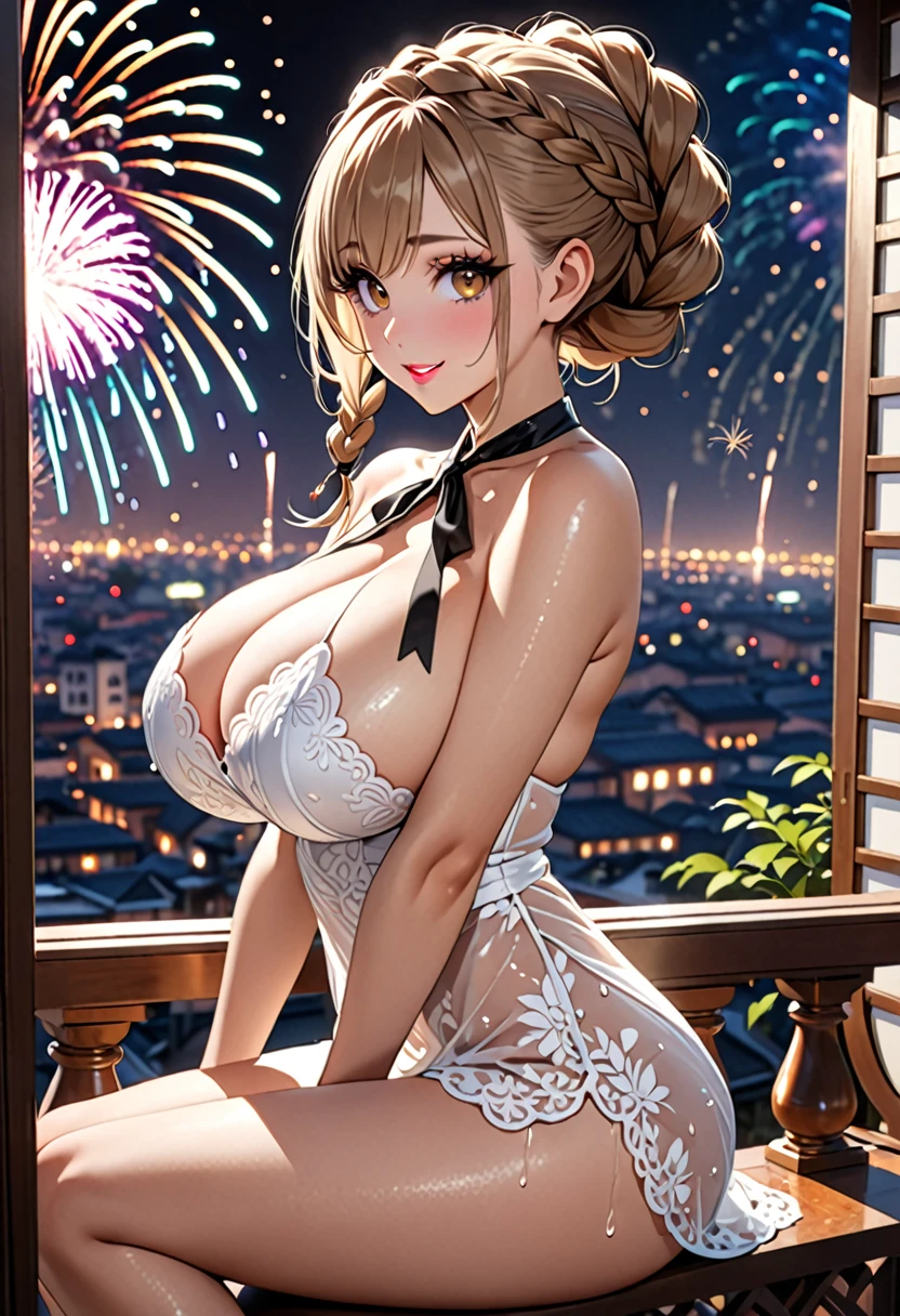(((Highest quality, Ultra-high resolution、The most complex and detailed depiction)))、((masterpiece:1.3)), (8k, RAW Photos, Best image quality: 1.4), Very detailedな顔、Attention to detail、(Beautiful woman:1.4),(Realistic:1.4) (8k, RAW Photos,), (photo-Realistic:1.2), Very detailed, Beautiful attention to detail, (girl:1.3)Dark eyeliner、Eyelash length、False eyelashes、double eyelid、Brown eyes、Light fluorescent lip gloss, ((hostess:1.2)),(Huge breasts:1.6),、(Cleavage:1.2)、(((Light brown hair、braid one's hair、((Tie the braided hair behind your head,Put your braided hair up)))))、Gal-style makeup、Dark eyeliner、Black eyeliner、Heavy eye makeup、Eyelash length、False eyelashes、Eyelash length、Big eyes、Big black eyes、Big eyes、elongated nose、Heavy makeup、Face with gills、Spread your legs and look forward.、(((whole body)))、sexy、Glamorous Body、(Saggy breasts、Large saggy breasts)、((Sweat、Your body is wet))、((You can see the fireworks from the balcony)),Purple lace dress、Looking back happily、Sit on the balcony、From the side、Beautiful nape