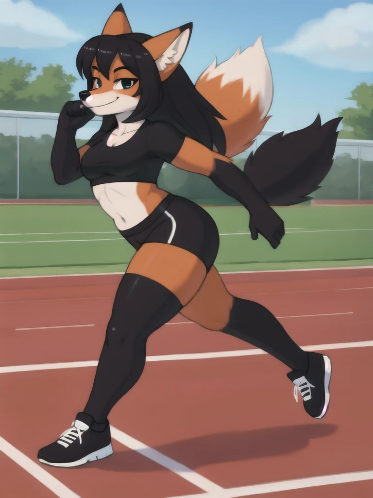 Furry, fox, female, black shirt, black leggings, shoes, running track, solo, full body