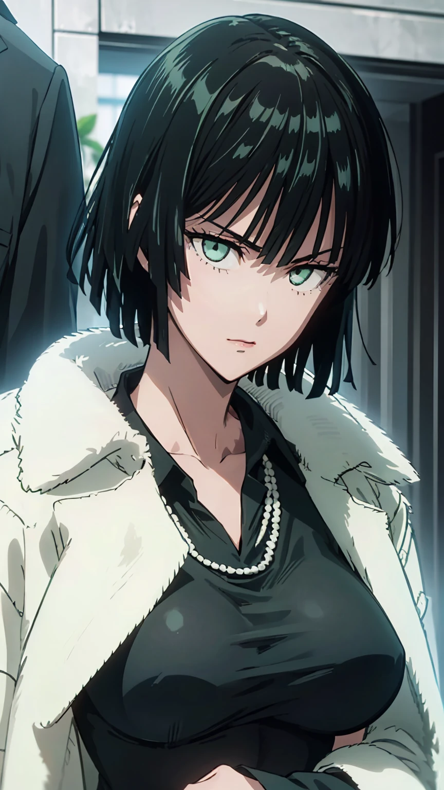 (((pixel-perfect, detail-perfect))), solo, 1girl, fubuki, fur coat, collared dress, collarbone, necklace, looking at viewer, closed mouth、破れた服、NSFW