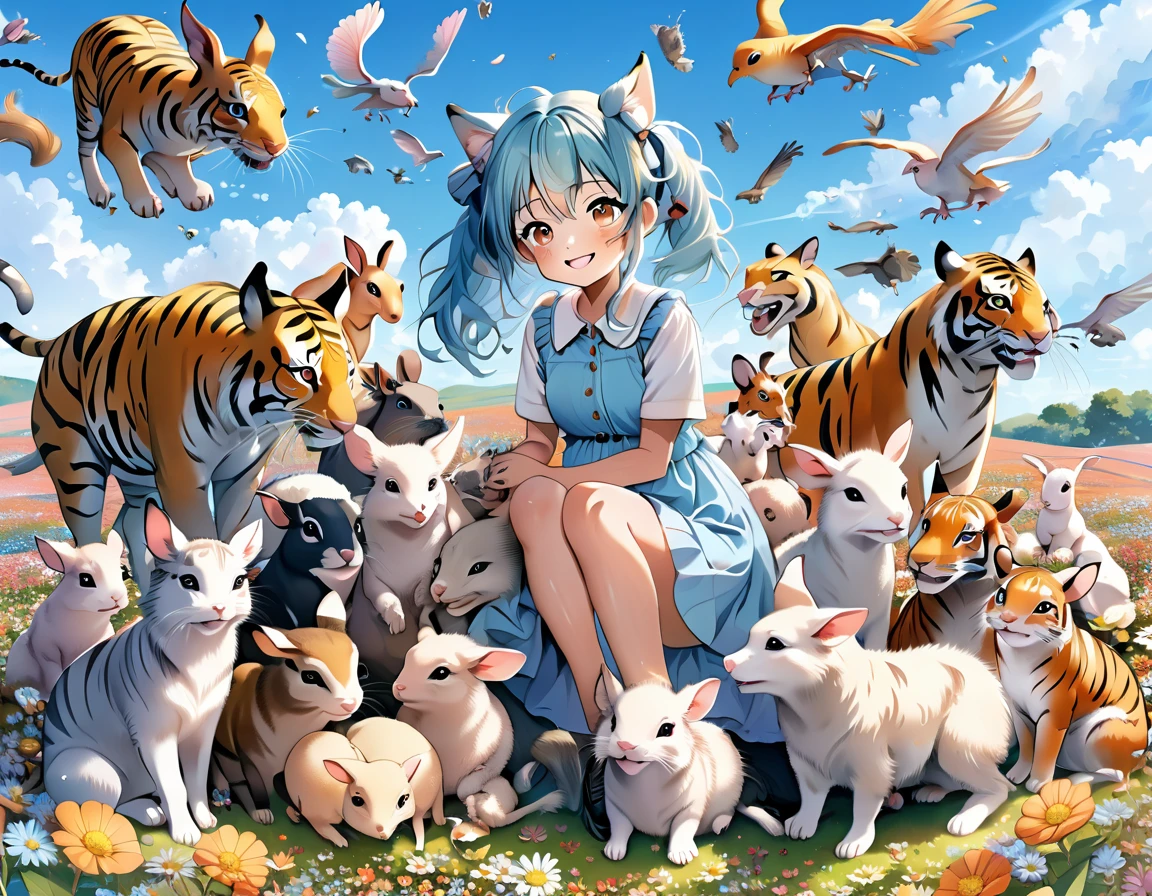 Anime girl sitting surrounded by animals in a flower field, Light blue long hair、Twin tails 、Bright smile、Tiger dragon mouse or rat ox Rabbit snake sheep dog pig monkey bird horse Anime fantasy illustration,