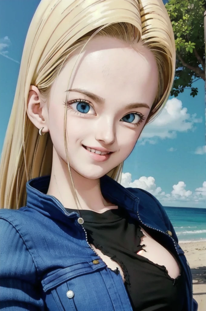 android 18,blonde hair, Long Straight hair, blue eyes, vest, black shirt, long sleeves, denim jacket, looking at viewer, smile Face, close up portrait, outside, beach, ocean, blue sky, trees, rocks, high quality, masterpiece,  sexy body, perfect breasts, slightly torn shirt on the chest