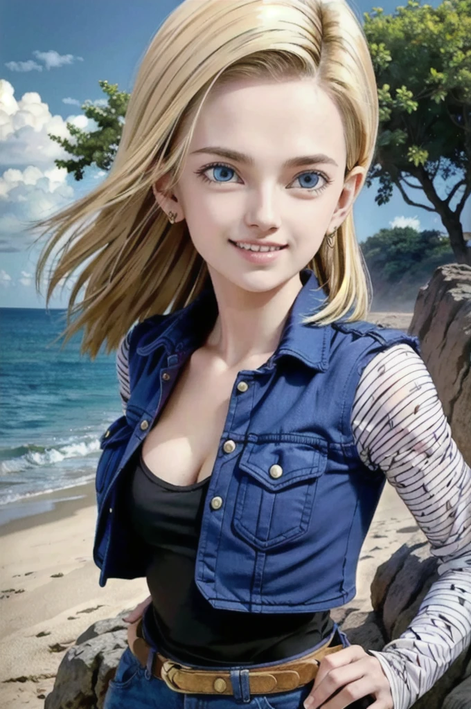 android 18,blonde hair, Long Straight hair, blue eyes, vest, black shirt, long sleeves, denim jacket, looking at viewer, smile Face, close up portrait, outside, beach, ocean, blue sky, trees, rocks, high quality, masterpiece,  sexy body, perfect breasts, slightly torn shirt on the chest